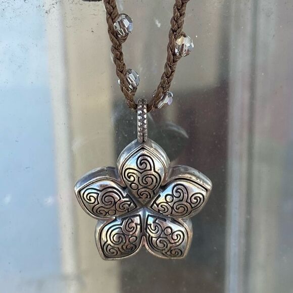 Brighton Silver Toned Flower Reversible Pendant on a Brown Braided Cord. EUC! - Picture 4 of 6